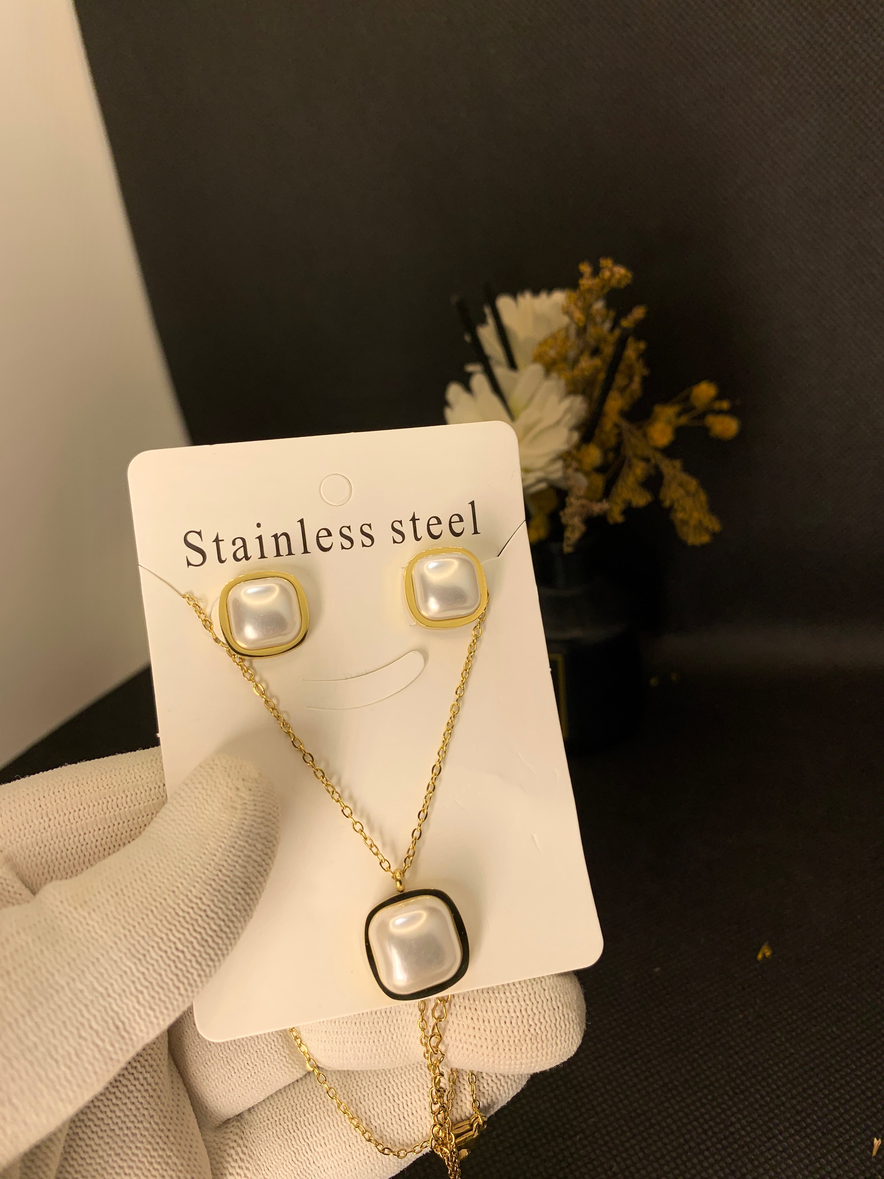 Elegant Pearl Square Stainless Steel Jewelry Set