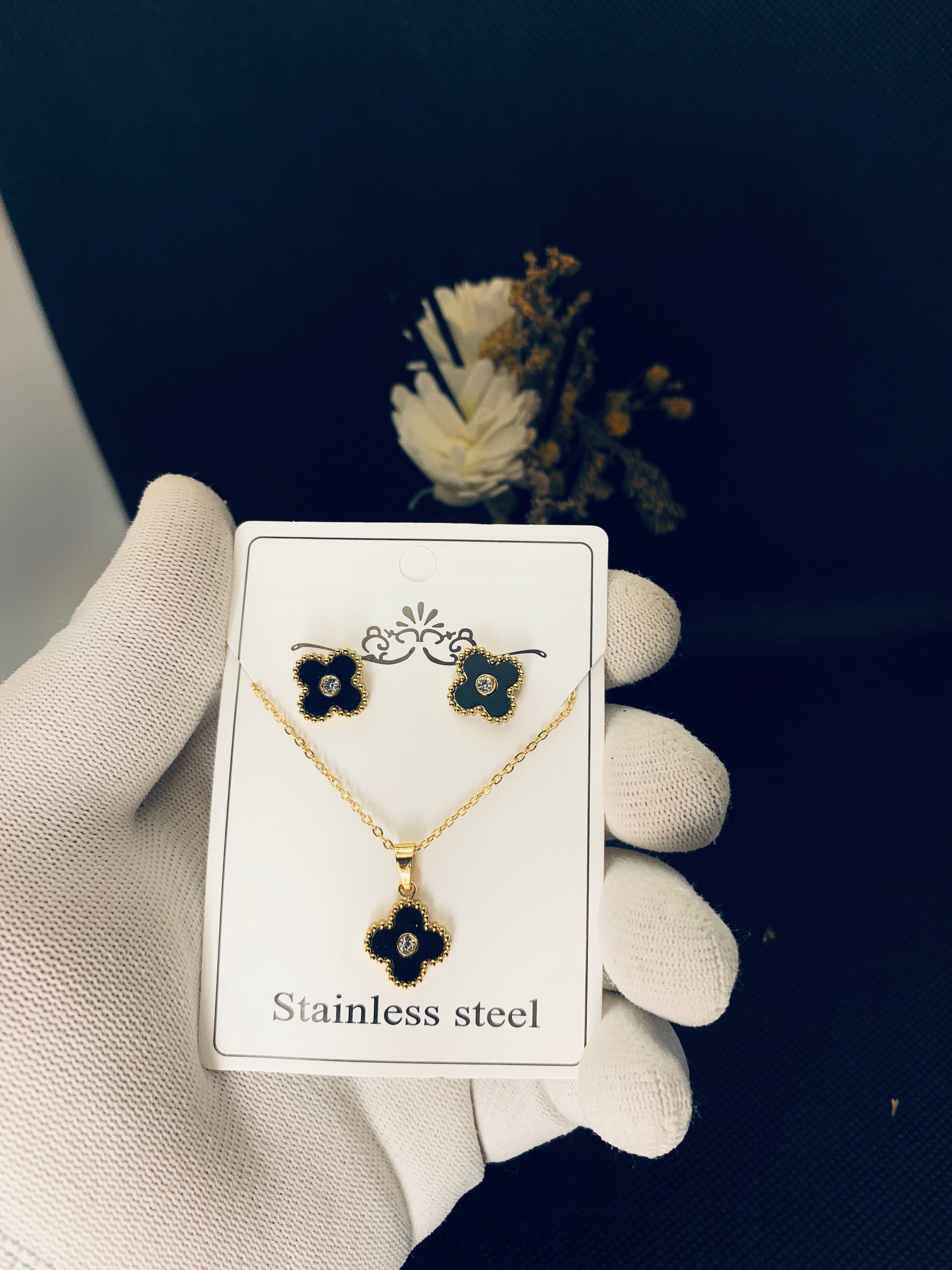 Black Clover Charm Stainless Steel Jewelry Set