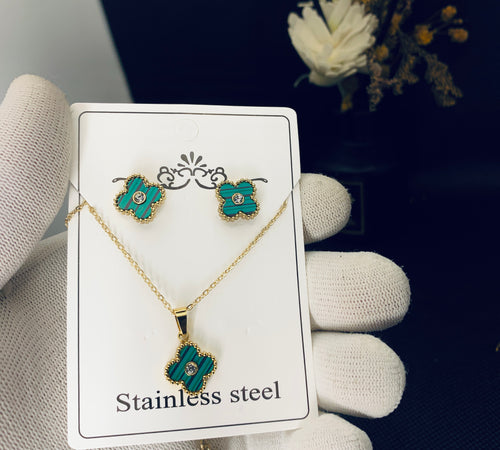Emerald Clover Charm Stainless Steel Jewelry Set