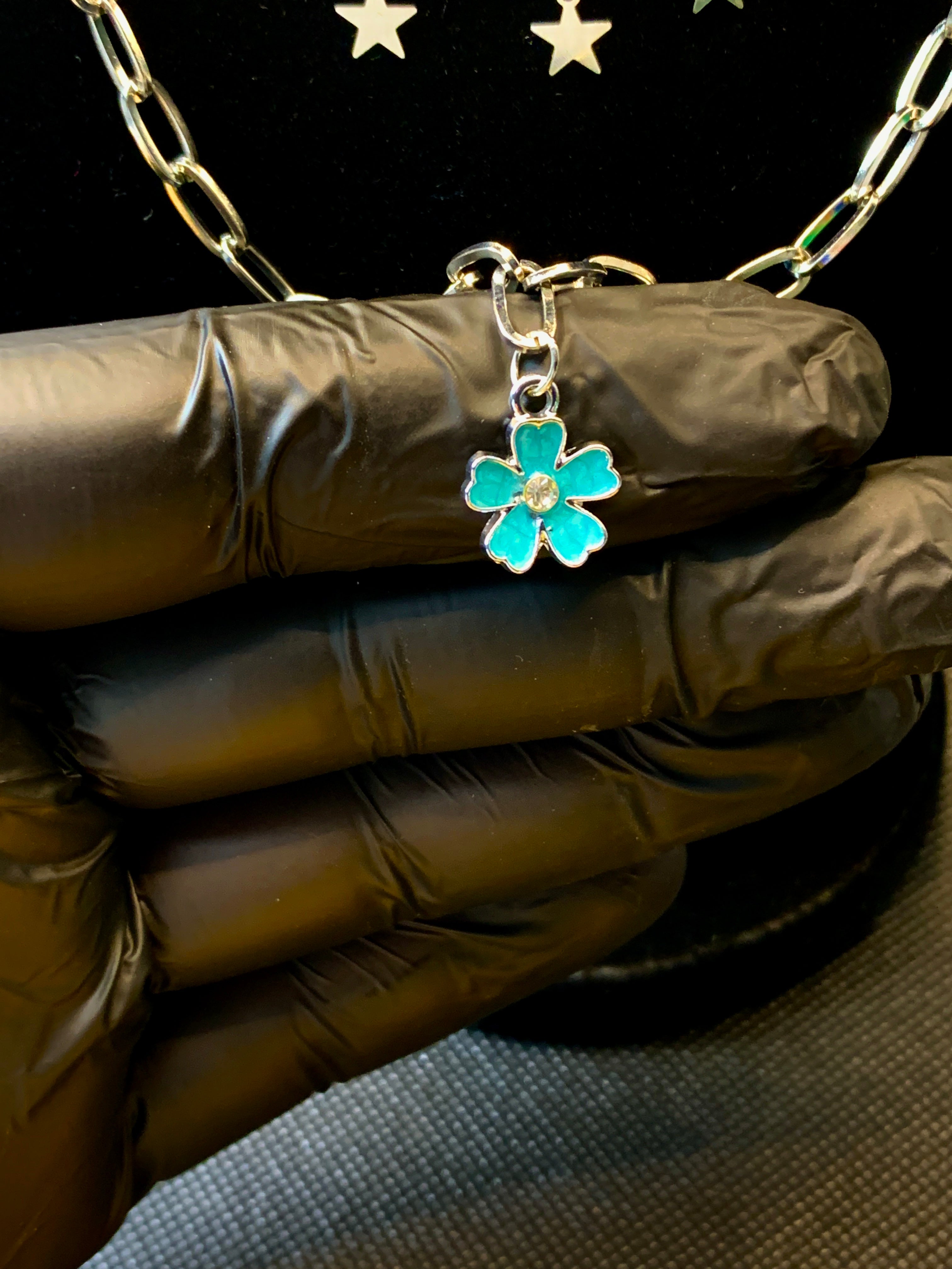 Silver Star & Turquoise Flower Locket Chain Necklace