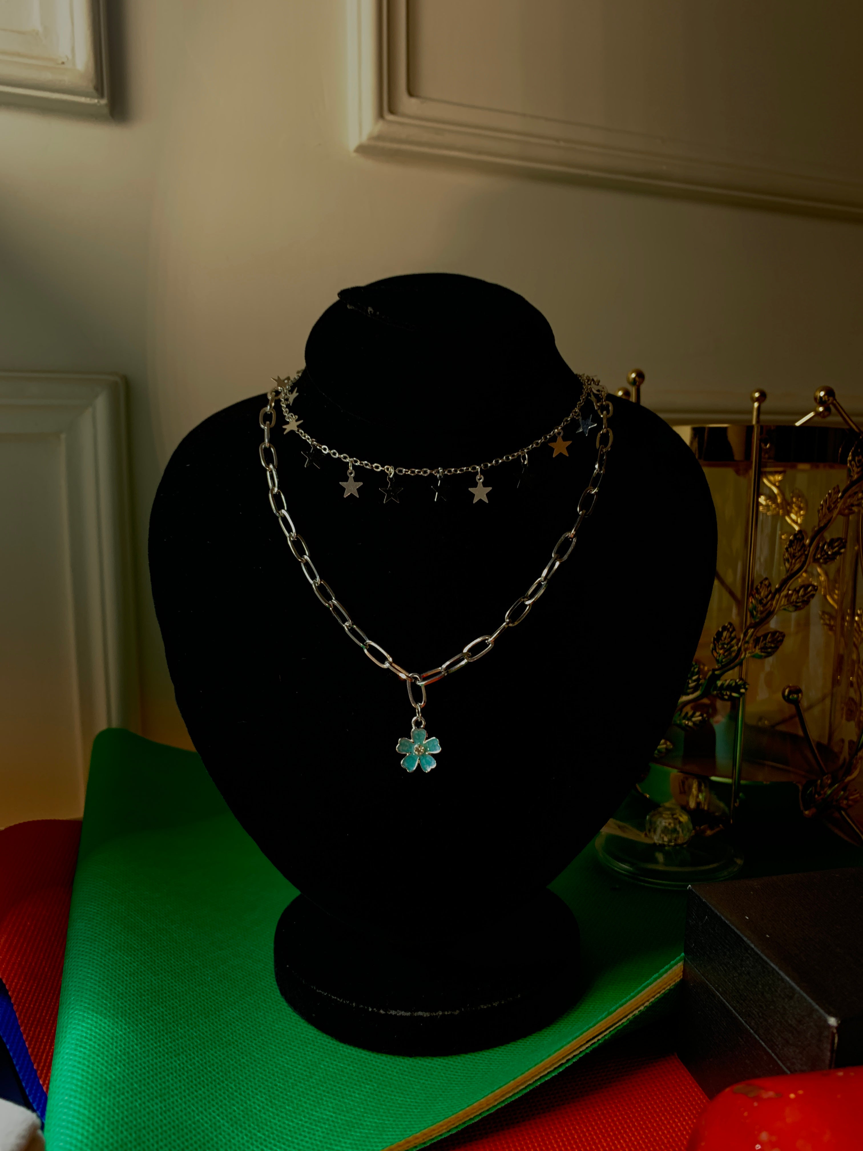 Silver Star & Turquoise Flower Locket Chain Necklace