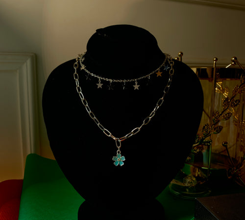 Silver Star & Turquoise Flower Locket Chain Necklace