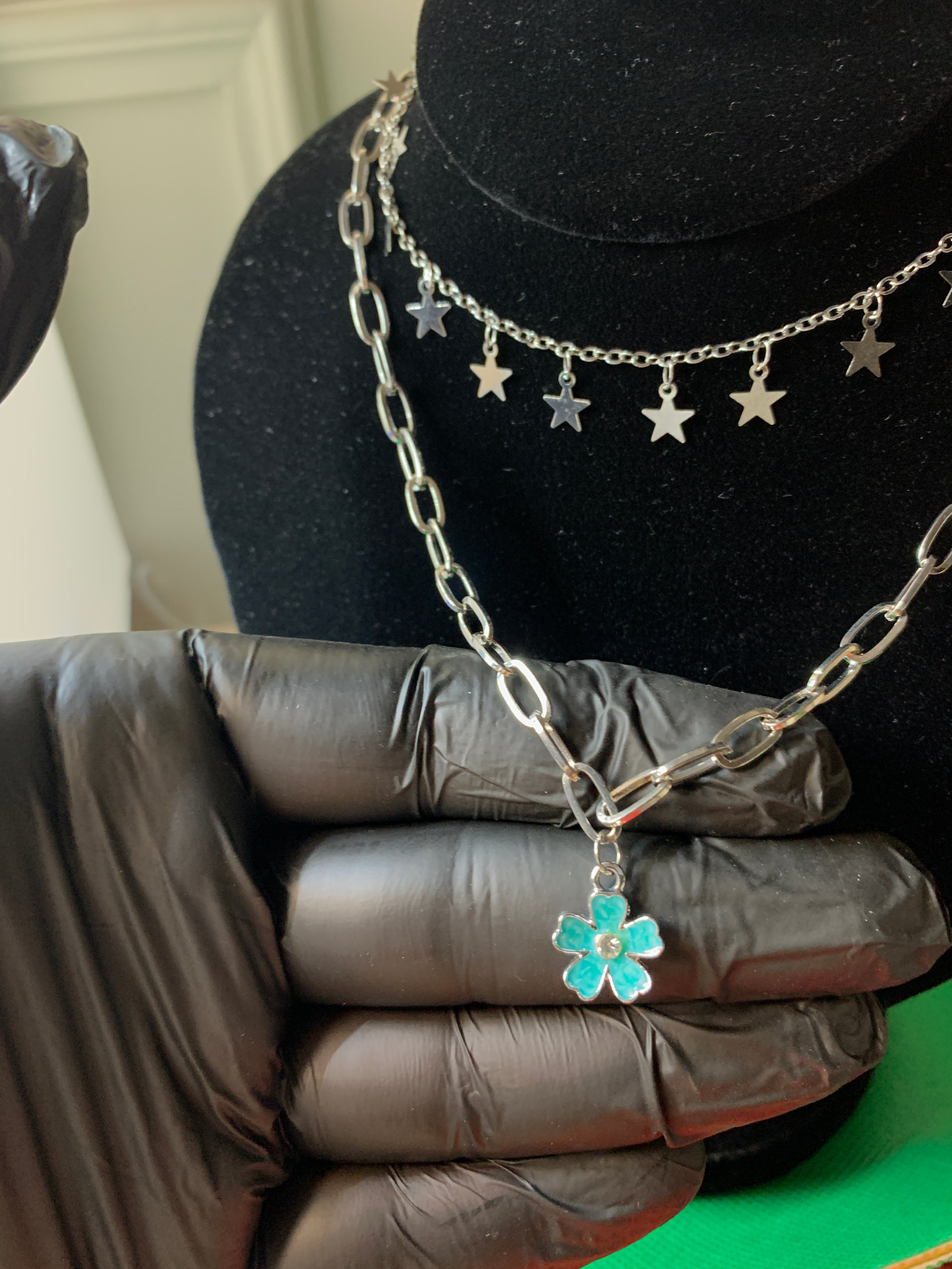 Silver Star & Turquoise Flower Locket Chain Necklace