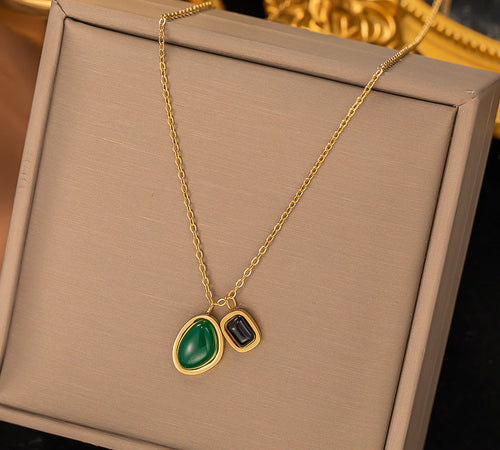 Modern Dual Stone Geometric Locket Chain – Golden Aesthetic Jewelry