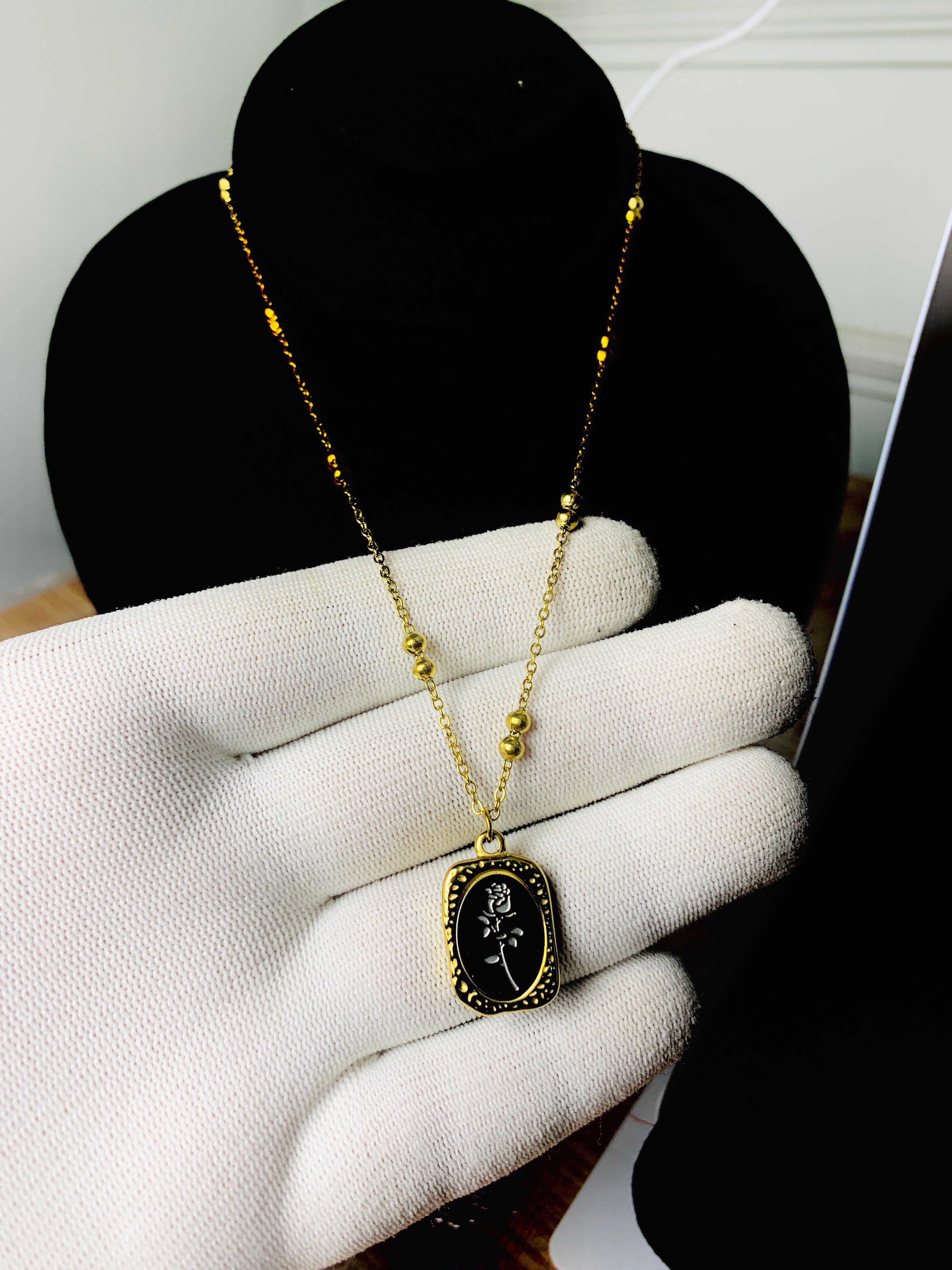 Black Rose Medallion Locket Chain – Golden Beaded Necklace
