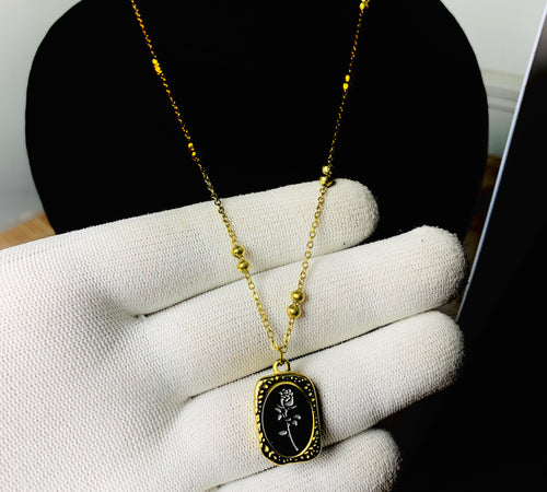 Black Rose Medallion Locket Chain – Golden Beaded Necklace