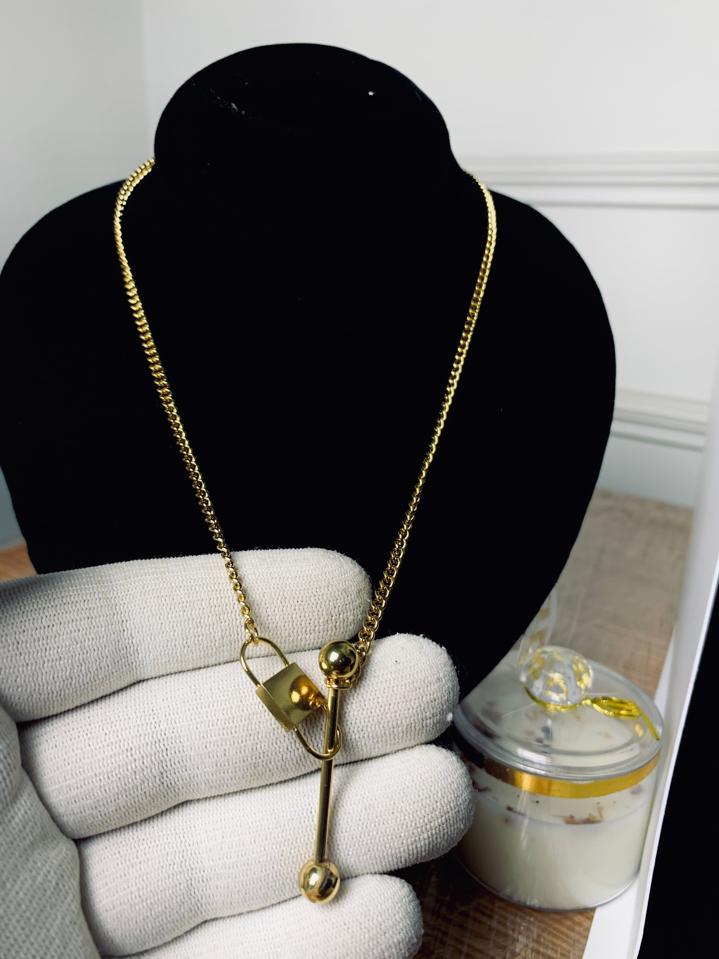 Modern Vertical Bar & Padlock Locket Chain – Golden Trendy Jewelry