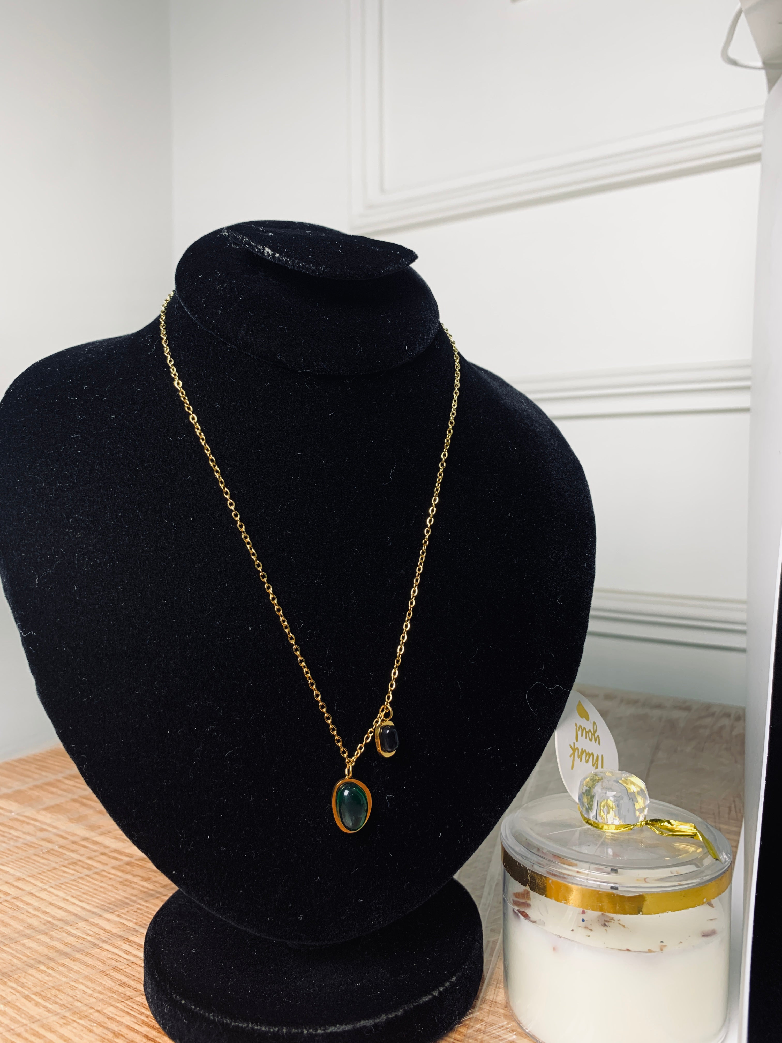 Modern Dual Stone Geometric Locket Chain – Golden Aesthetic Jewelry
