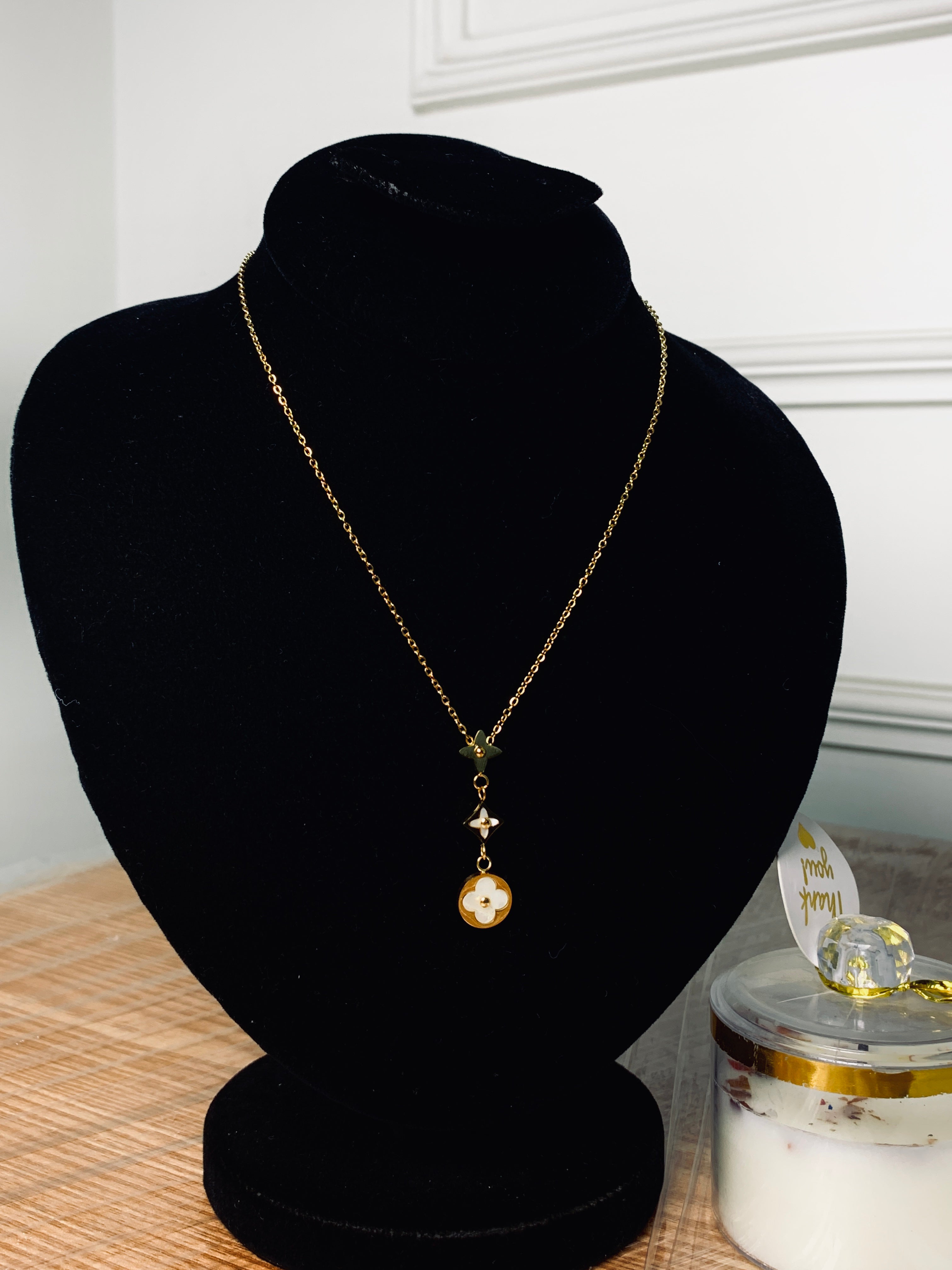 Luxury Floral Drop Locket Chain – Triple Motif Golden Necklace