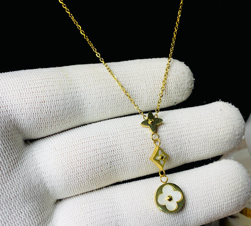 Luxury Floral Drop Locket Chain – Triple Motif Golden Necklace