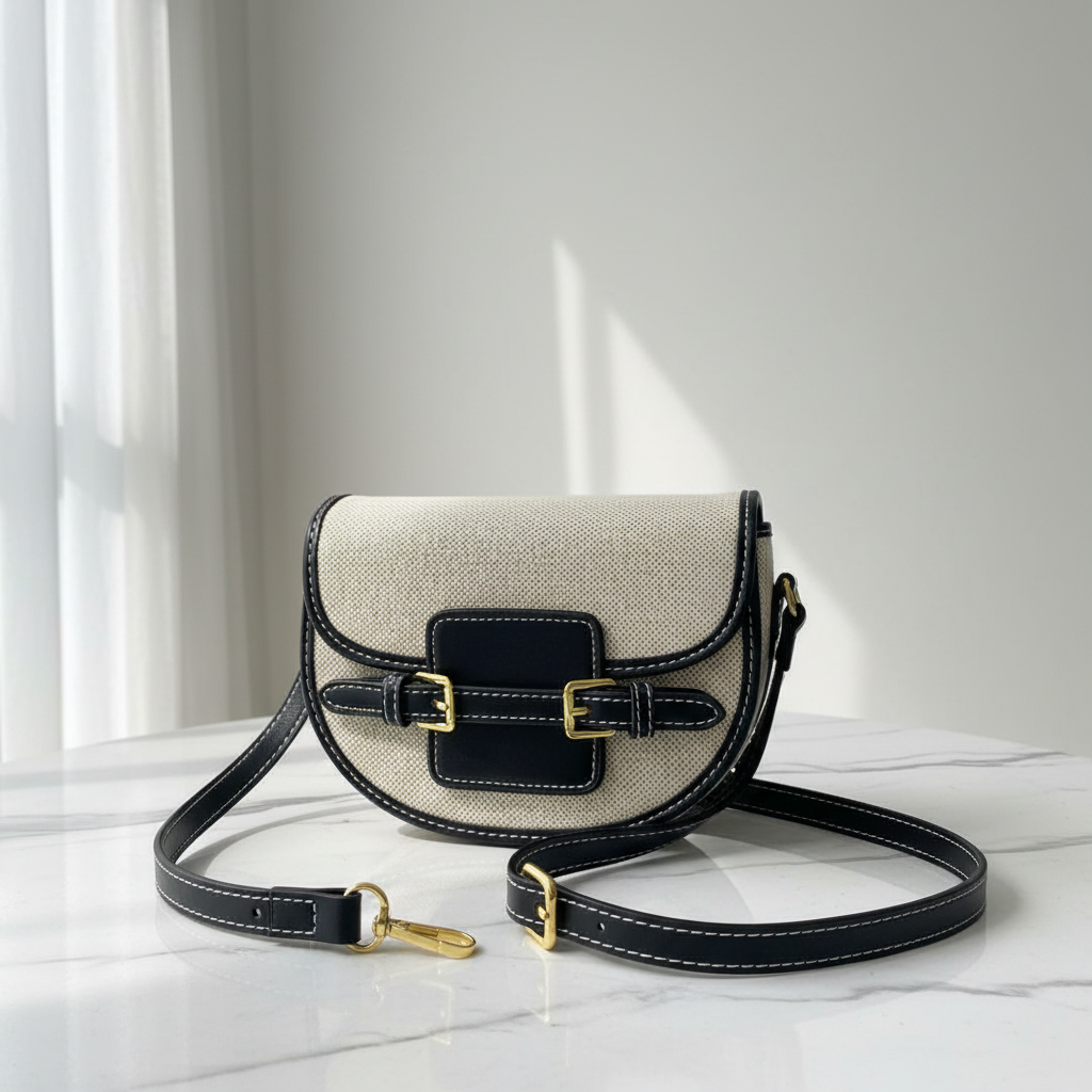 Beige Black Saddle Bag Front Premium