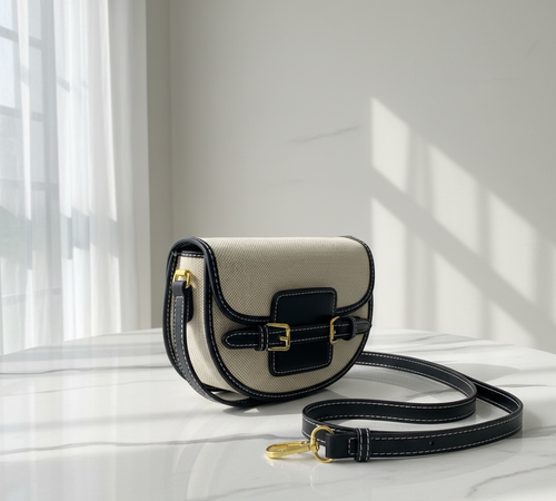 Beige Black Saddle Bag with Strap Premium