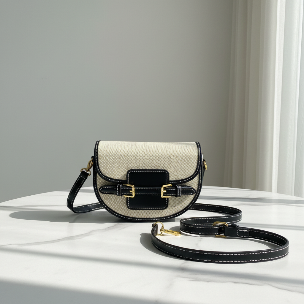 Beige Black Saddle Bag with Strap Premium