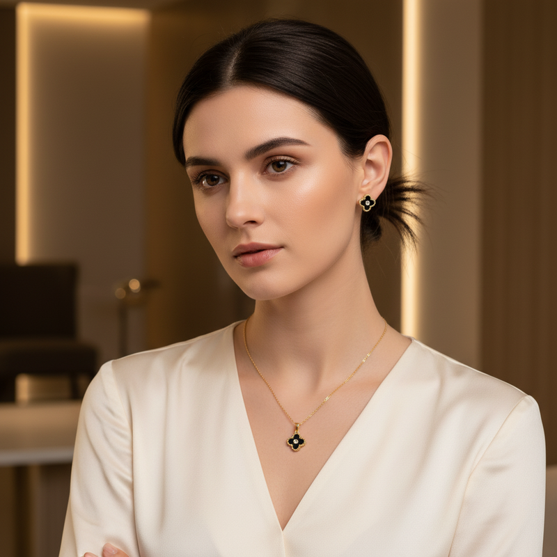 Black Clover Charm Stainless Steel Jewelry Set