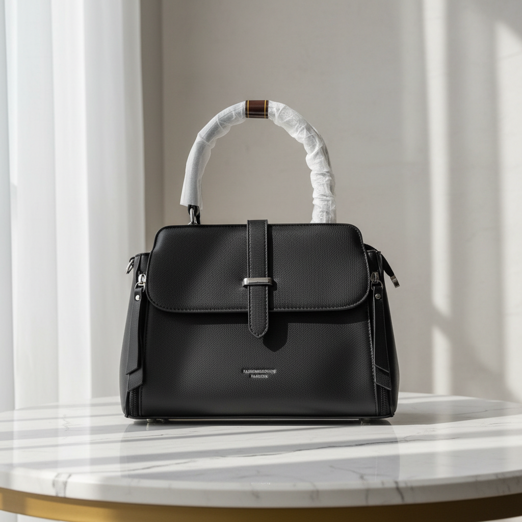 Black Leather Handbag Front Premium
