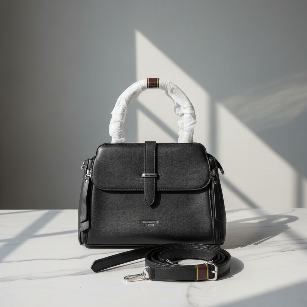 Black Leather Handbag with Strap Premium