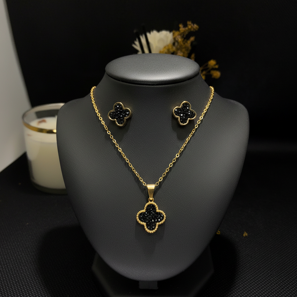 Black Sparkle Clover Stainless Steel Jewelry Set