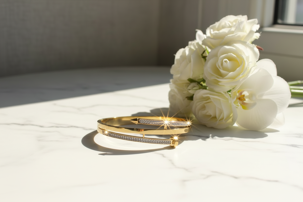 Gold Double-Band Bracelet - Diagonal View with Sunshine