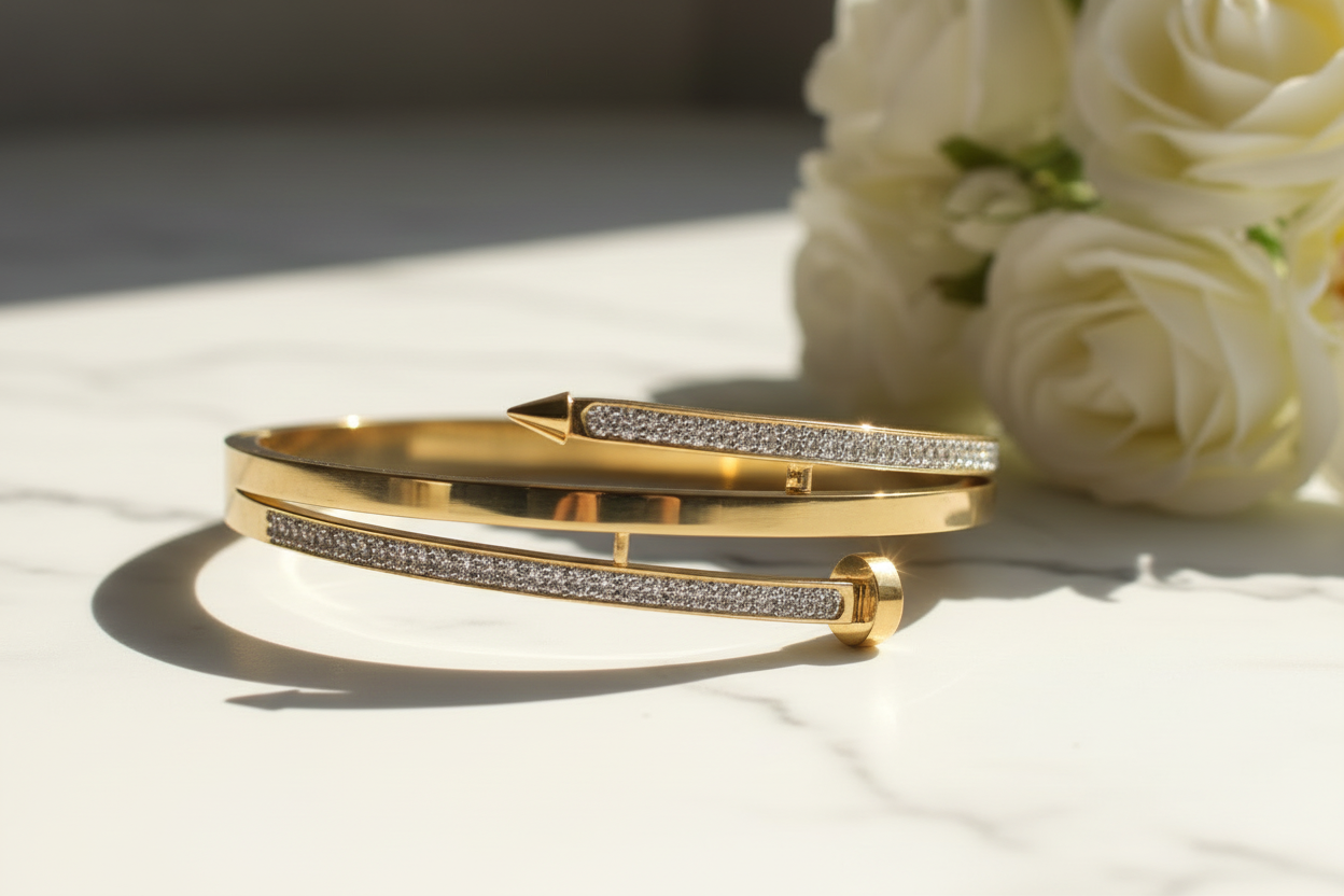 Gold Double-Band Bracelet - Extreme Close-up with Sunshine