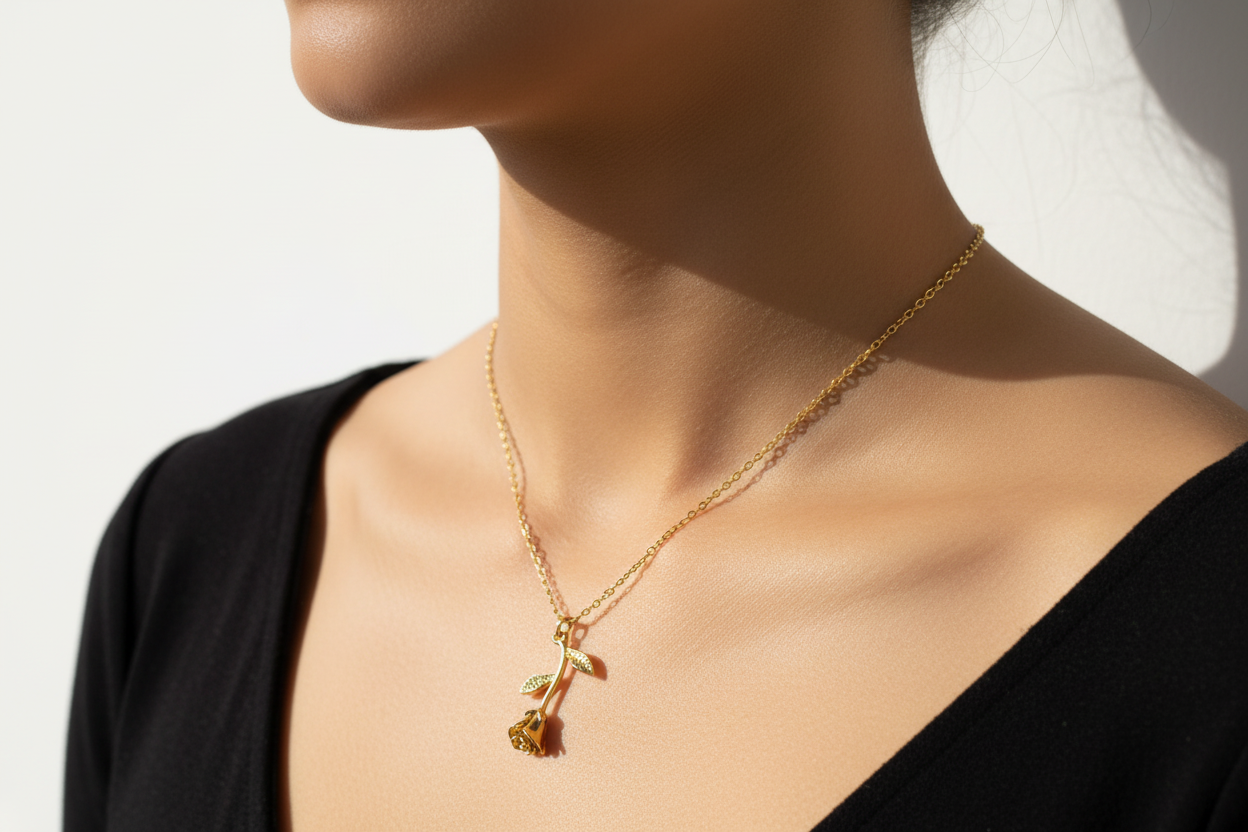 Gold Rose Necklace on Model Close-up