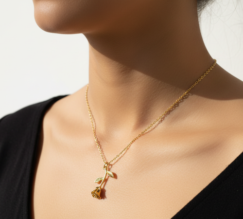 Gold Rose Necklace on Model Close-up