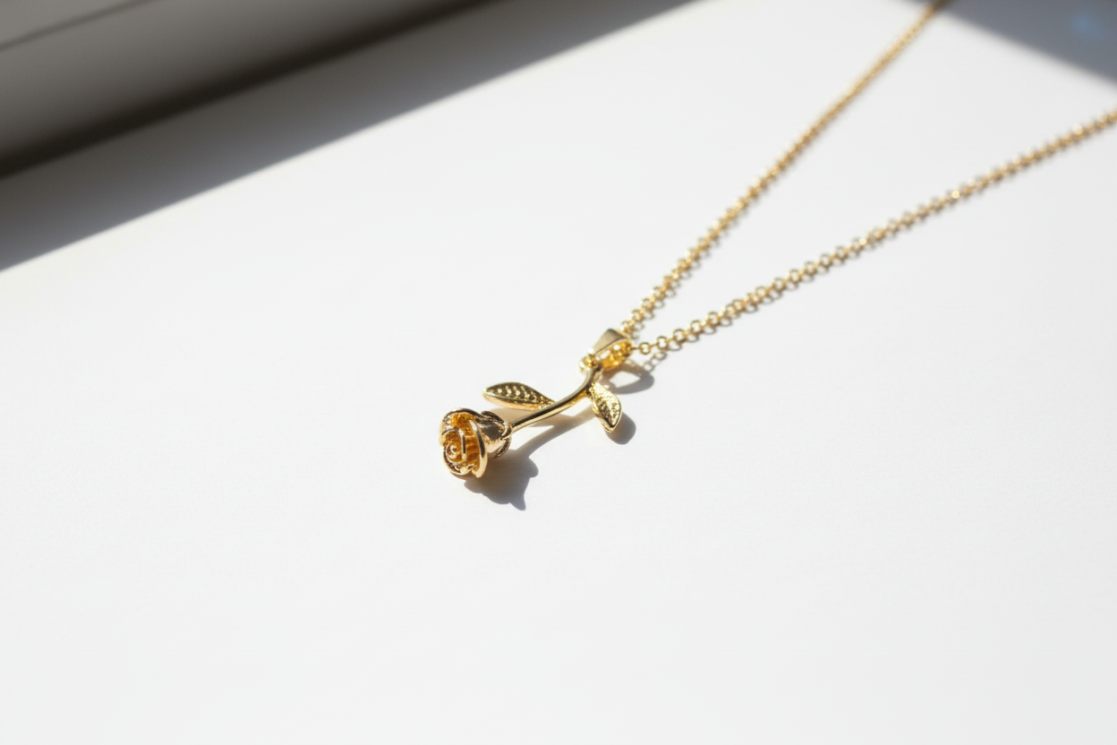Gold Rose Necklace Side View