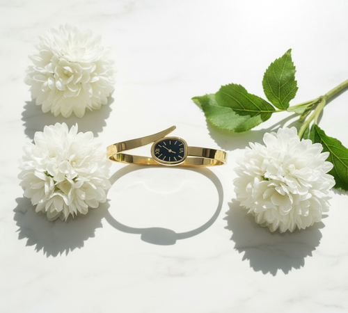 Premium Gold Watch Bracelet - Marble & Flowers with Sunshine