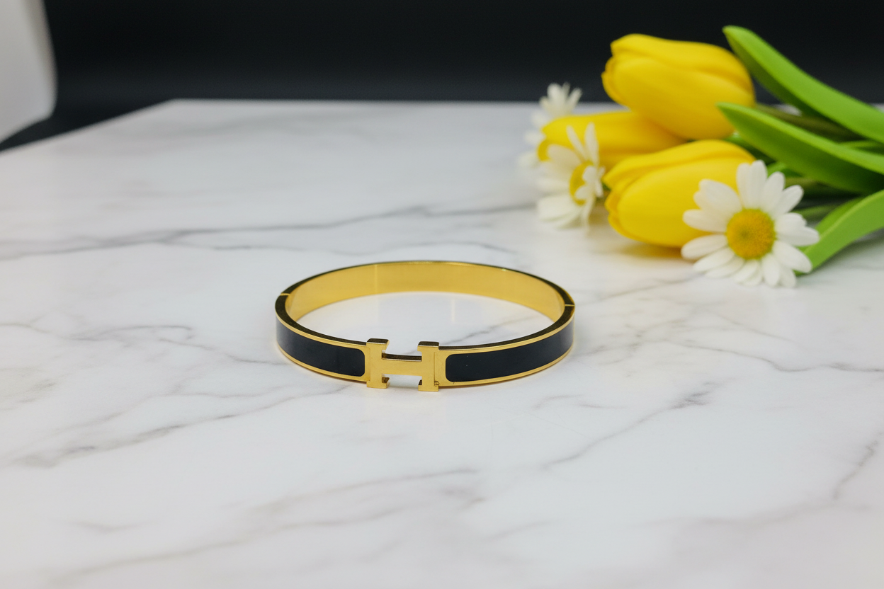 Premium Black H-Buckle Bracelet - Marble & Flowers