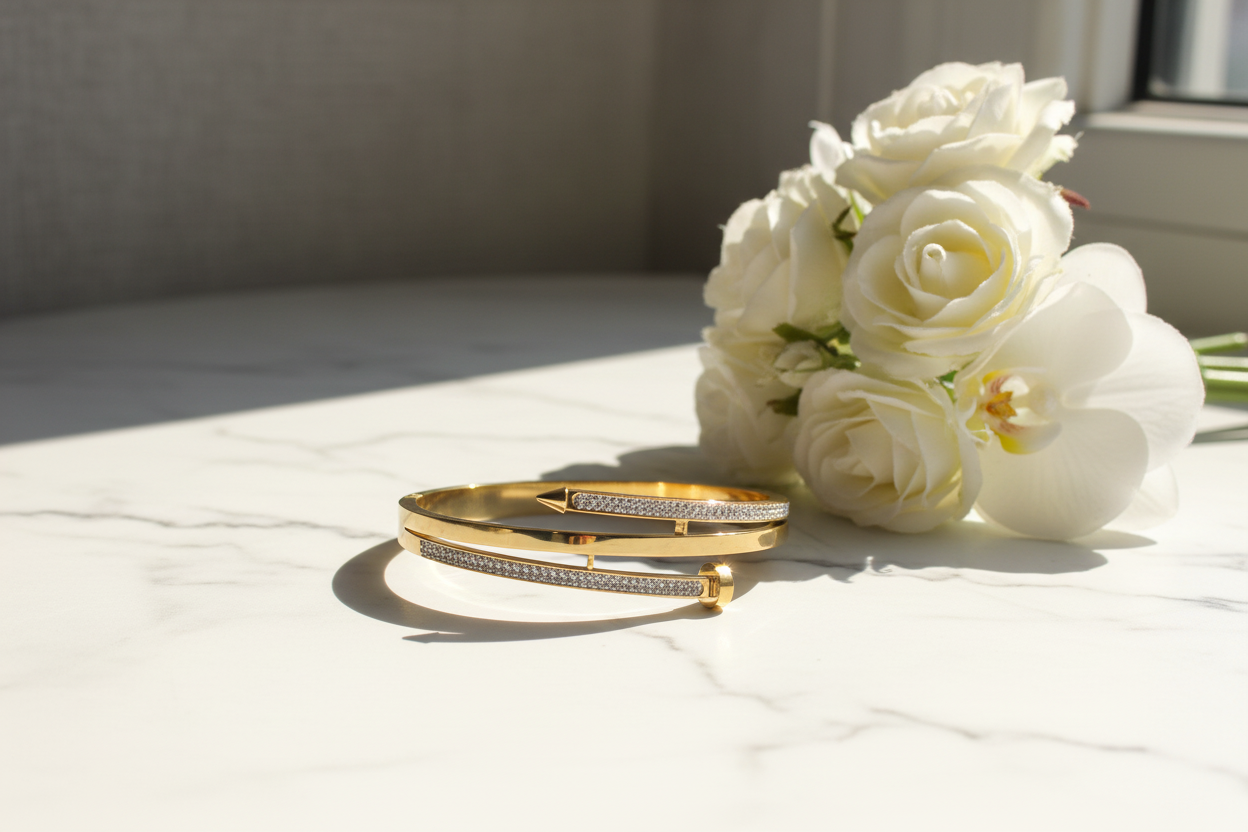 Premium Gold Double-Band Bracelet - Marble & Flowers with Sunshine