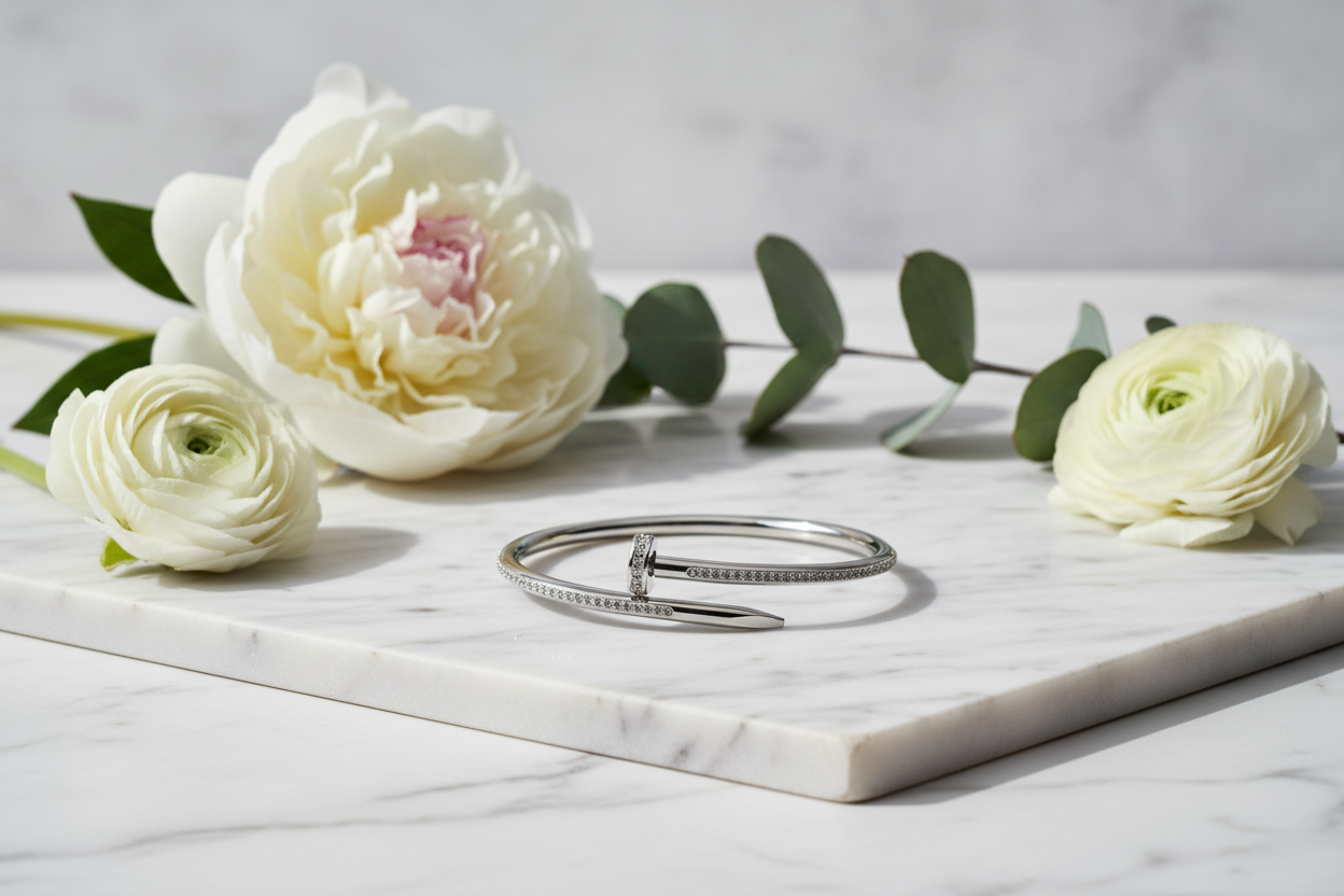 Premium Silver Nail Bracelet - Marble & Flowers