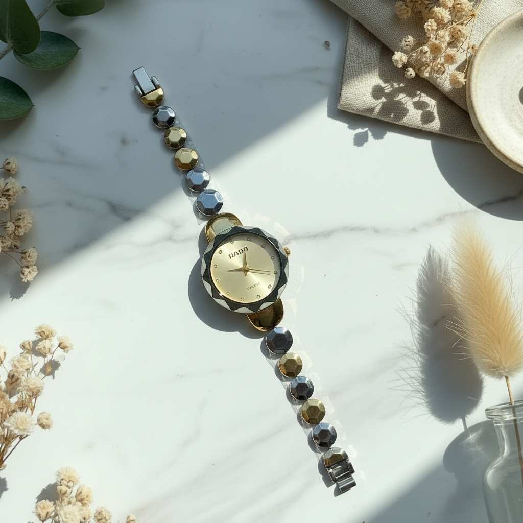 Premium Golden Round Dial Ladies Watch – Aesthetic Two-Tone Bracelet Watch