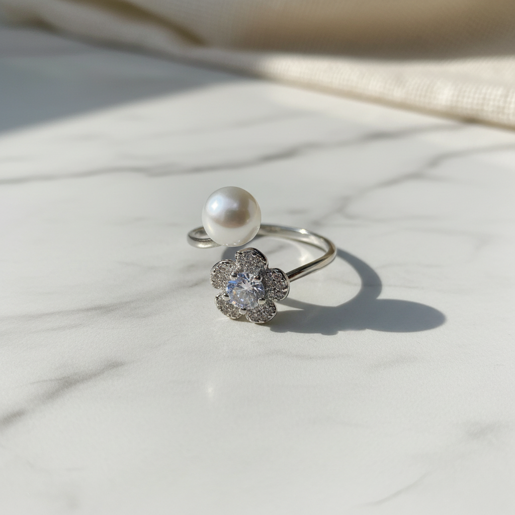 Silver pearl flower ring