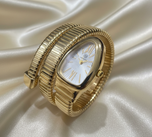 Luxury Golden Serpentine Bracelet Watch – Crystal Studded Snake Wrap Design