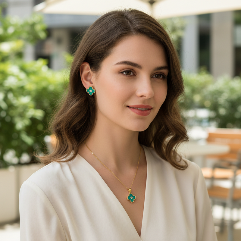 Emerald Clover Charm Stainless Steel Jewelry Set