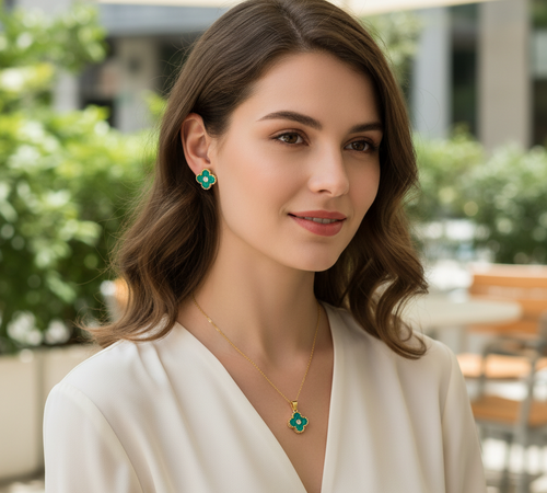 Emerald Clover Charm Stainless Steel Jewelry Set