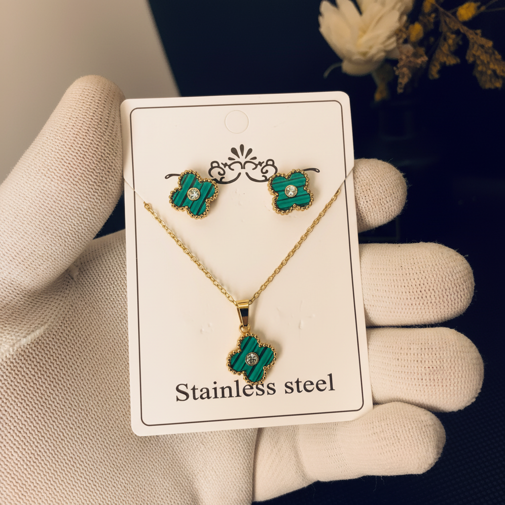 Emerald Clover Charm Stainless Steel Jewelry Set