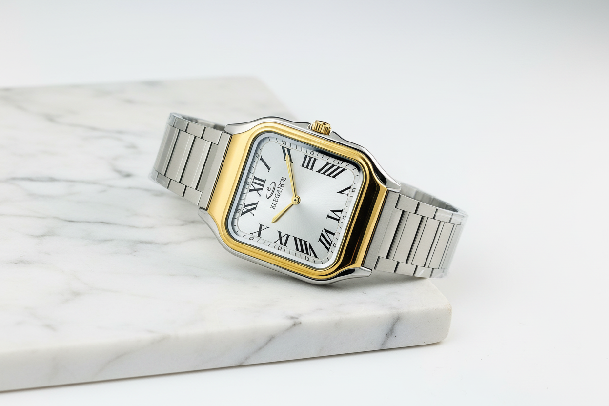 Two-tone square watch - marble surface