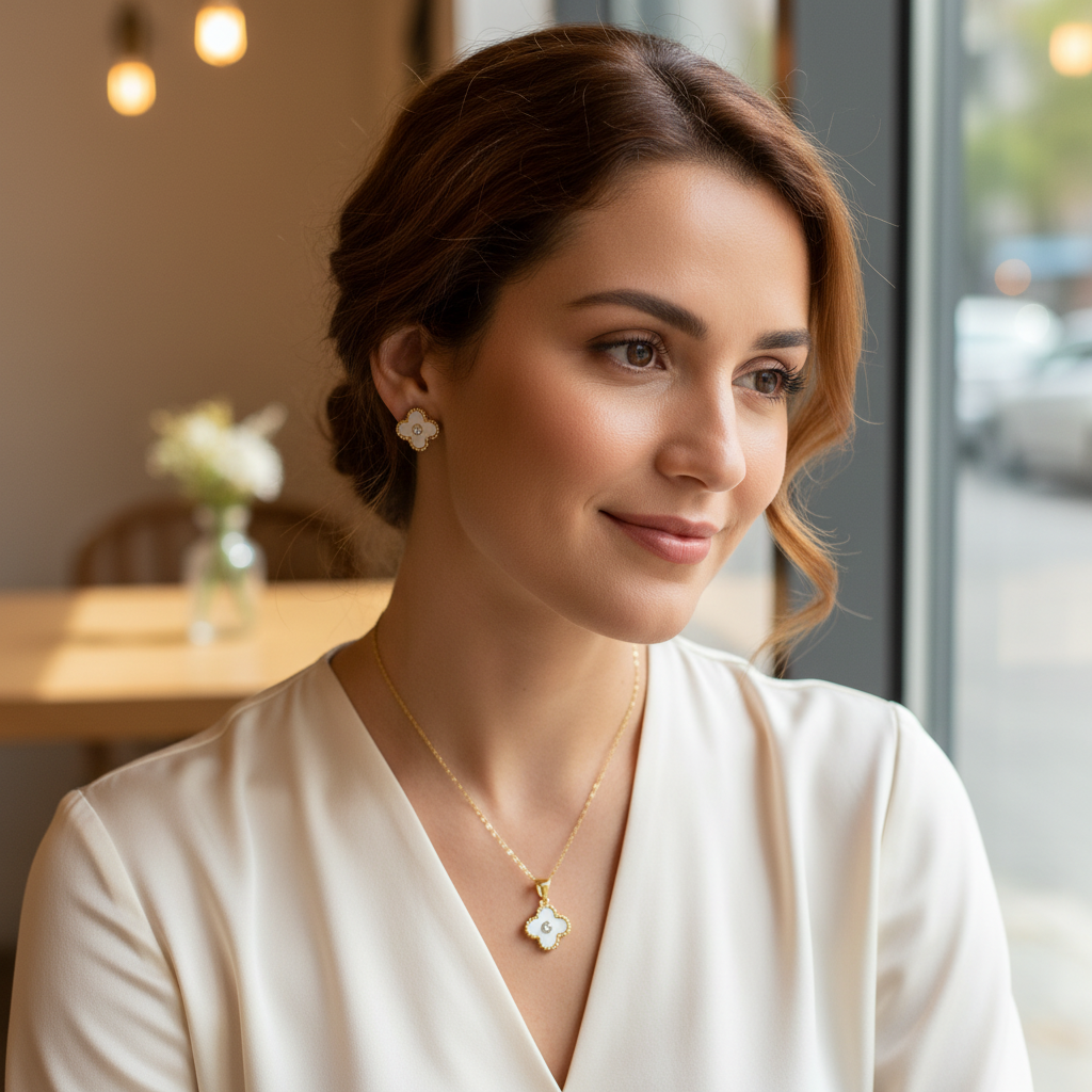 White Clover Charm Stainless Steel Jewelry Set