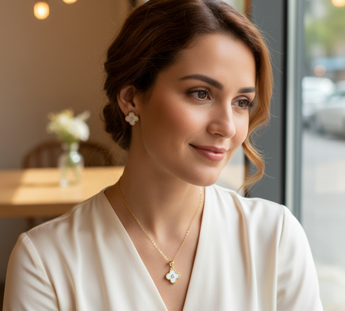 White Clover Charm Stainless Steel Jewelry Set