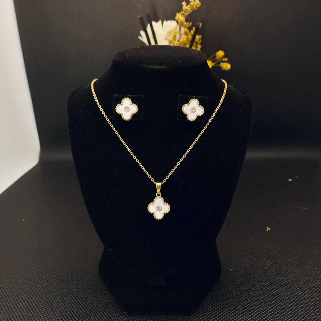 White Clover Charm Stainless Steel Jewelry Set