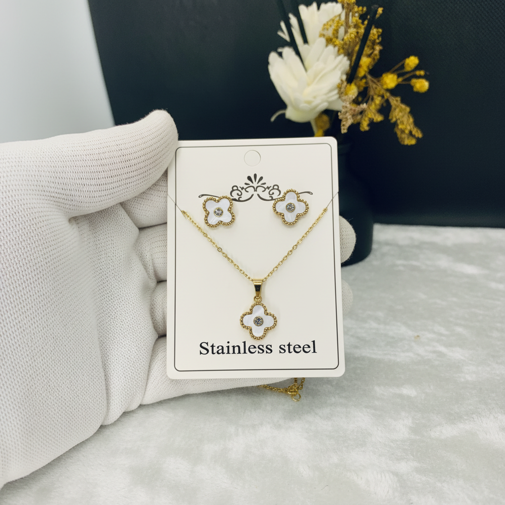 White Clover Charm Stainless Steel Jewelry Set