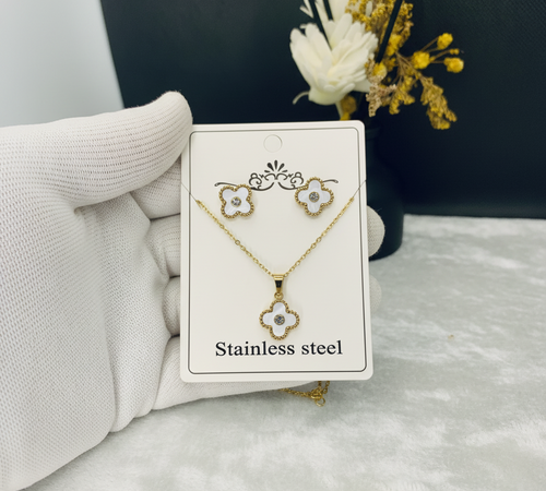 White Clover Charm Stainless Steel Jewelry Set